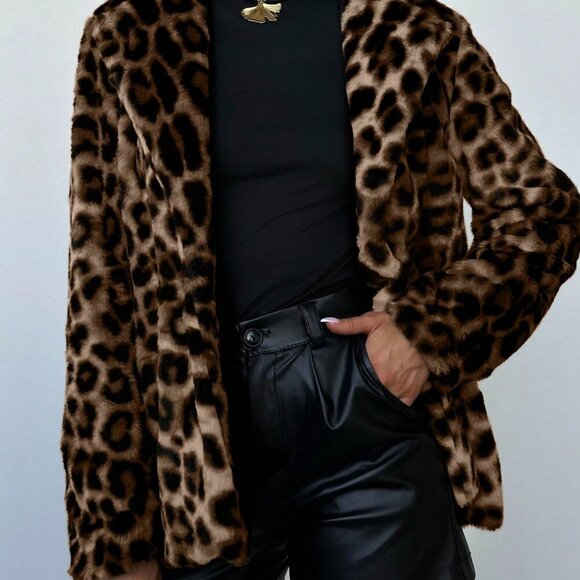 Brown Casual Women's Leopard Print Faux Fur Coat jacket - Picture 6 of 11